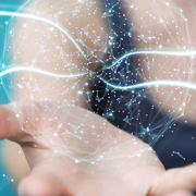 Businesswoman on blurred background using digital network connection sphere 3D rendering