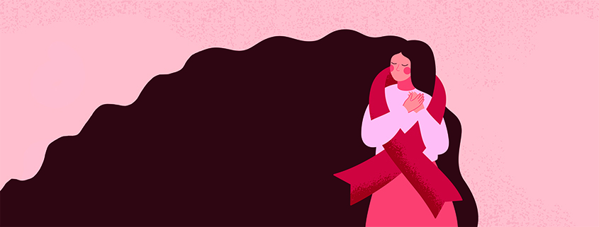 Frau, die sich mit rotem Band für die Unterstützung von AIDS- und HIV-Patienten umarmt